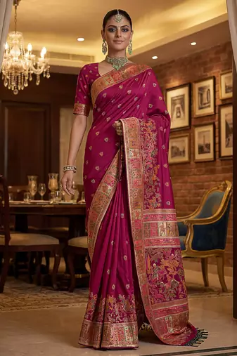 Maroon virana silk blend heavy woven saree with elegant swarovski work