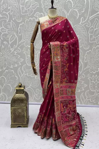 Maroon virana silk blend heavy woven saree with elegant swarovski work