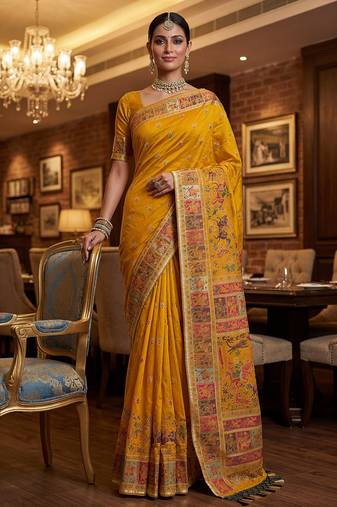 Yellow virana silk blend heavy woven saree with elegant swarovski work