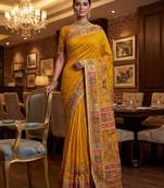 Yellow virana silk blend heavy woven saree with elegant swarovski work