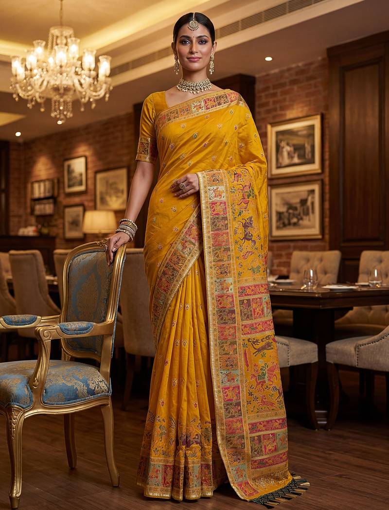 Yellow virana silk blend heavy woven saree with elegant swarovski work