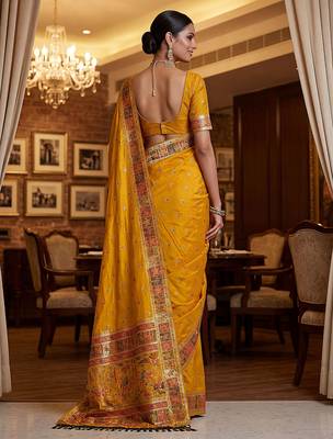 Yellow virana silk blend heavy woven saree with elegant swarovski work 2