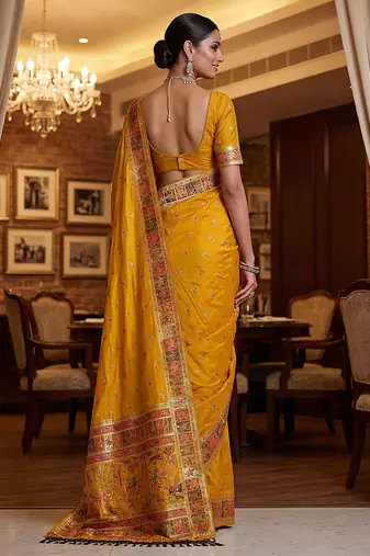 Yellow virana silk blend heavy woven saree with elegant swarovski work