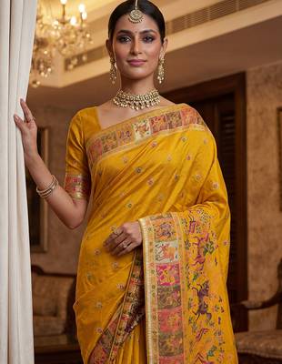 Yellow virana silk blend heavy woven saree with elegant swarovski work 3