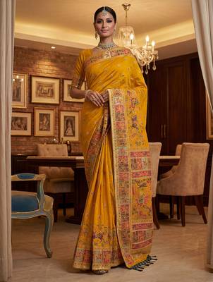 Yellow virana silk blend heavy woven saree with elegant swarovski work 4
