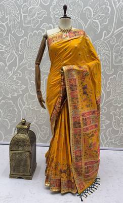 Yellow virana silk blend heavy woven saree with elegant swarovski work 5