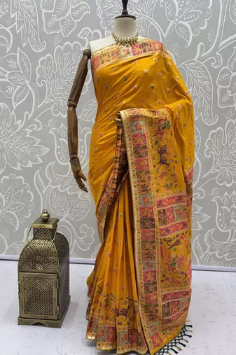 Yellow virana silk blend heavy woven saree with elegant swarovski work