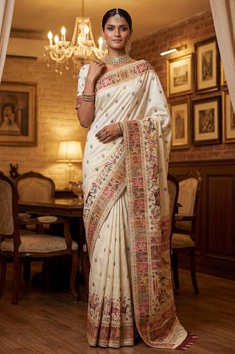 Off white virana silk blend heavy woven saree with elegant swarovski work