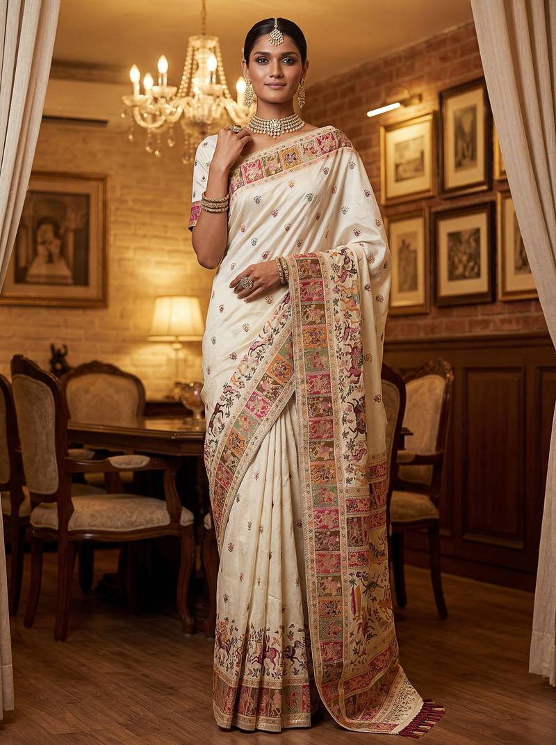 Off white virana silk blend heavy woven saree with elegant swarovski work