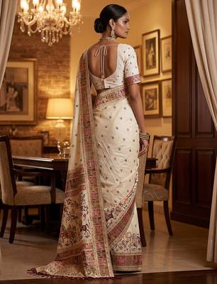 Off white virana silk blend heavy woven saree with elegant swarovski work 2