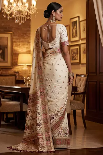 Off white virana silk blend heavy woven saree with elegant swarovski work