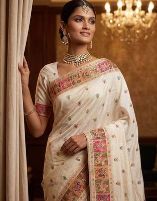 Off white virana silk blend heavy woven saree with elegant swarovski work 3