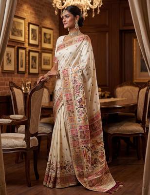 Off white virana silk blend heavy woven saree with elegant swarovski work 4