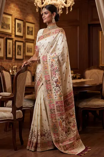 Off white virana silk blend heavy woven saree with elegant swarovski work