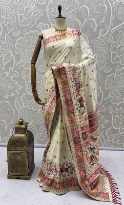 Off white virana silk blend heavy woven saree with elegant swarovski work 5