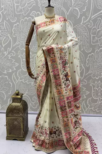 Off white virana silk blend heavy woven saree with elegant swarovski work