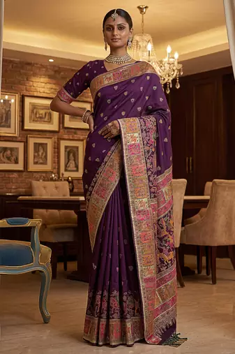 Wine virana silk blend heavy woven saree with elegant swarovski work