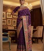 Wine virana silk blend heavy woven saree with elegant swarovski work