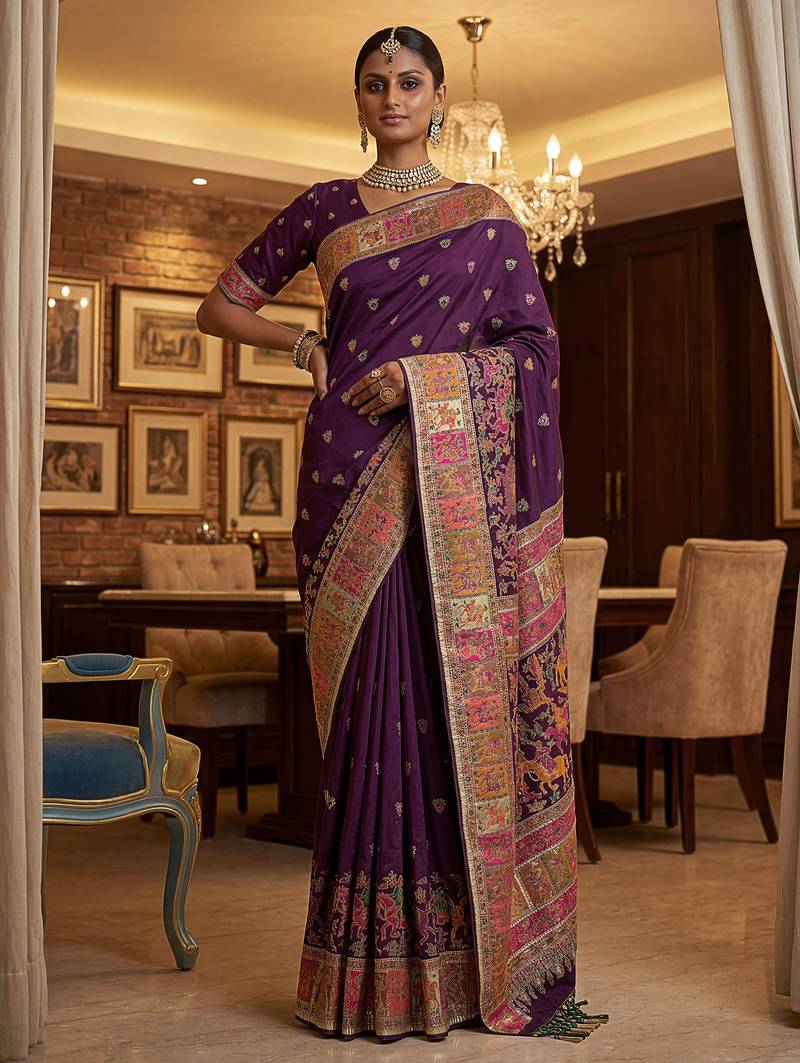 Wine virana silk blend heavy woven saree with elegant swarovski work