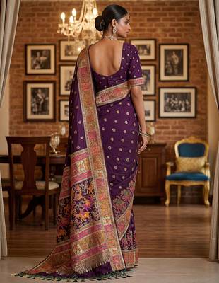 Wine virana silk blend heavy woven saree with elegant swarovski work 2