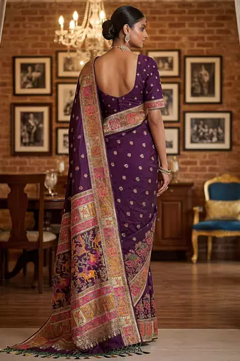 Wine virana silk blend heavy woven saree with elegant swarovski work