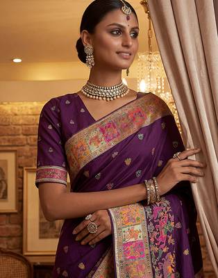 Wine virana silk blend heavy woven saree with elegant swarovski work 3