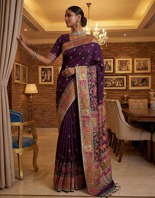Wine virana silk blend heavy woven saree with elegant swarovski work 4