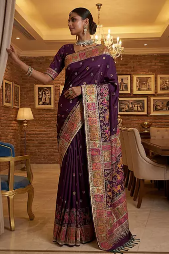 Wine virana silk blend heavy woven saree with elegant swarovski work