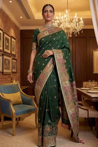 Green virana silk blend heavy woven saree with elegant swarovski work