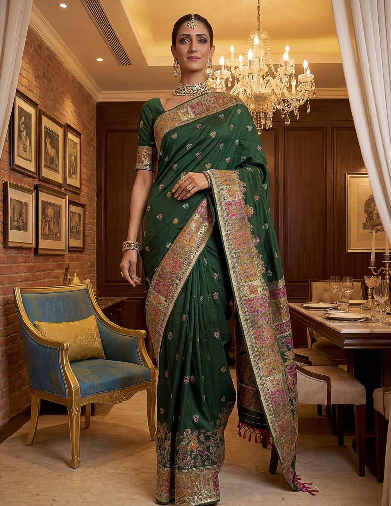 Green virana silk blend heavy woven saree with elegant swarovski work