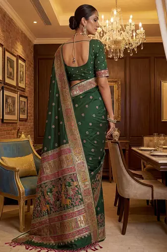Green virana silk blend heavy woven saree with elegant swarovski work