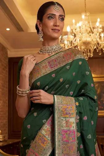 Green virana silk blend heavy woven saree with elegant swarovski work