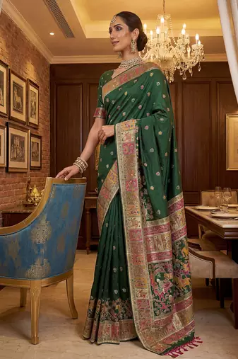Green virana silk blend heavy woven saree with elegant swarovski work