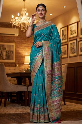 Teal blue virana silk blend heavy woven saree with elegant swarovski work