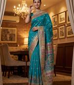 Teal blue virana silk blend heavy woven saree with elegant swarovski work