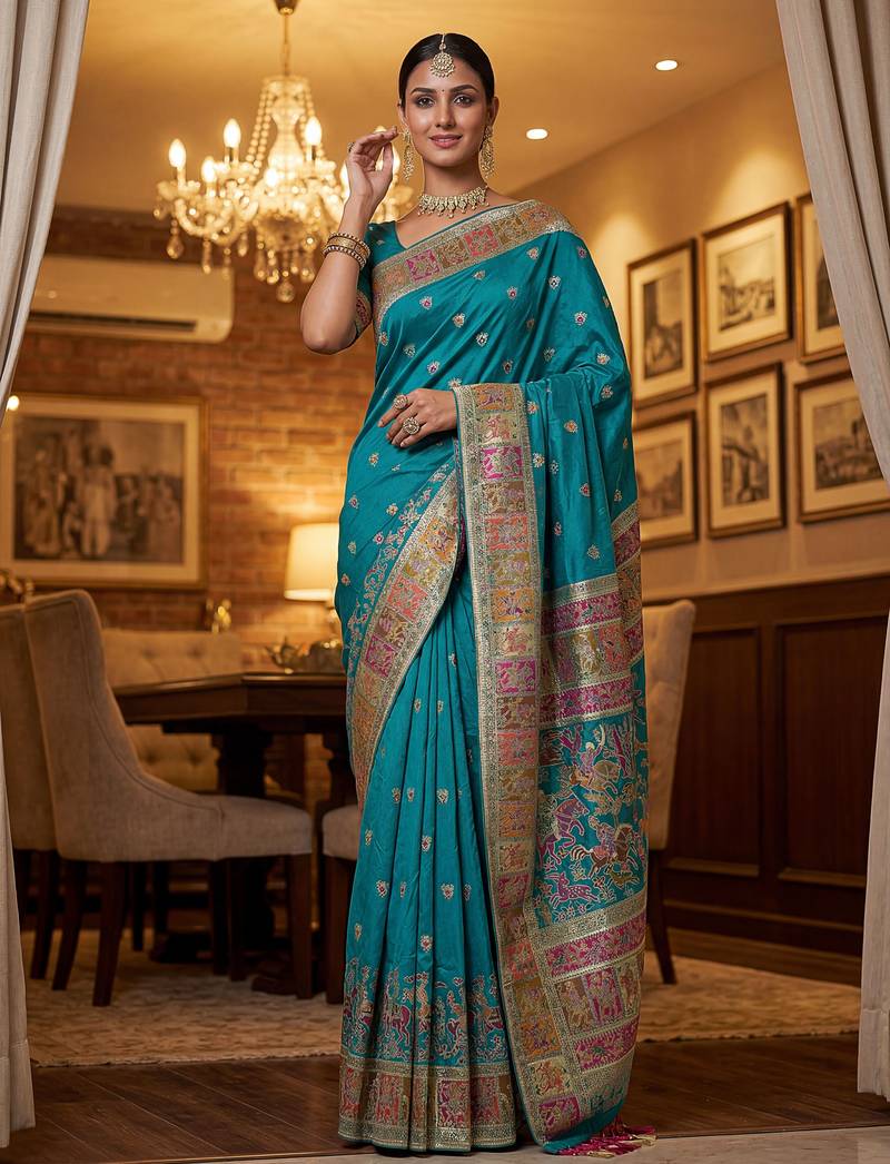 Teal blue virana silk blend heavy woven saree with elegant swarovski work