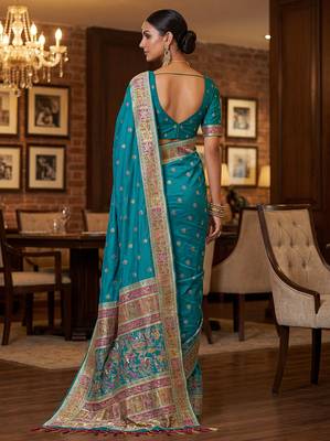 Teal blue virana silk blend heavy woven saree with elegant swarovski work 2