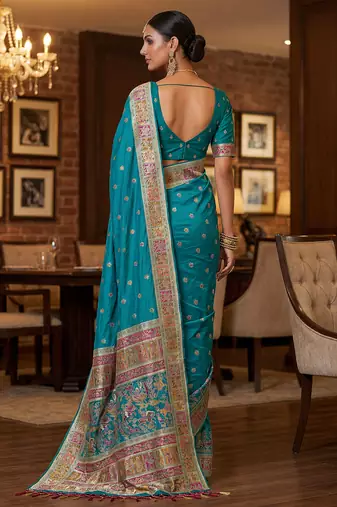 Teal blue virana silk blend heavy woven saree with elegant swarovski work