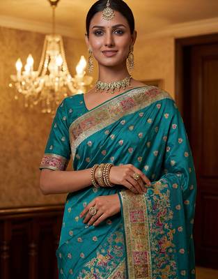 Teal blue virana silk blend heavy woven saree with elegant swarovski work 3