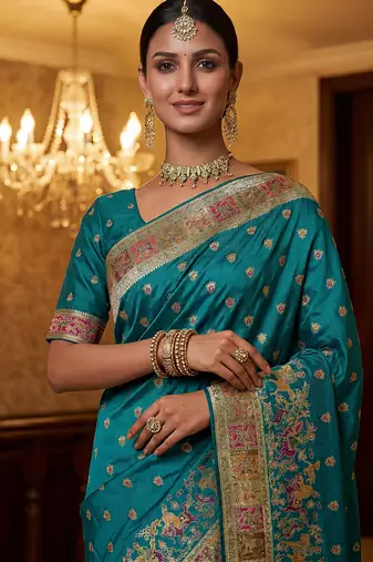 Teal blue virana silk blend heavy woven saree with elegant swarovski work