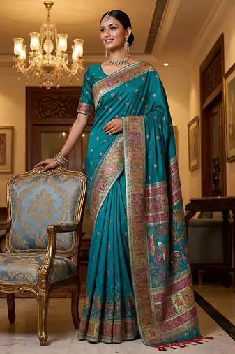 Teal blue virana silk blend heavy woven saree with elegant swarovski work