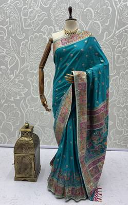 Teal blue virana silk blend heavy woven saree with elegant swarovski work 5