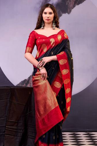 Black poly cotton weaving zari graceful traditional saree