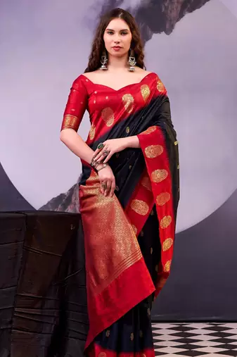 Black poly cotton weaving zari graceful traditional saree