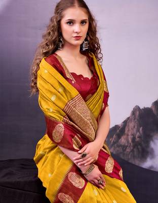 Mustard poly cotton weaving zari graceful traditional saree 2