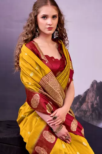 Mustard poly cotton weaving zari graceful traditional saree