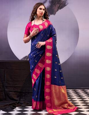 Navy blue poly cotton weaving zari graceful traditional saree 1