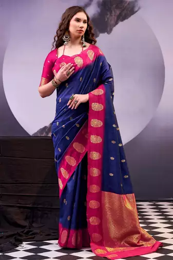 Navy blue poly cotton weaving zari graceful traditional saree