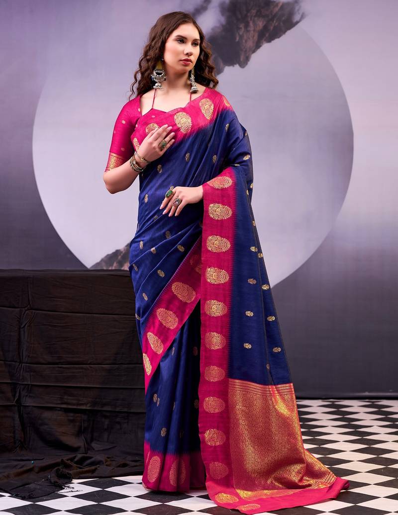 Navy blue poly cotton weaving zari graceful traditional saree