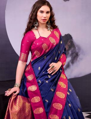 Navy blue poly cotton weaving zari graceful traditional saree 2
